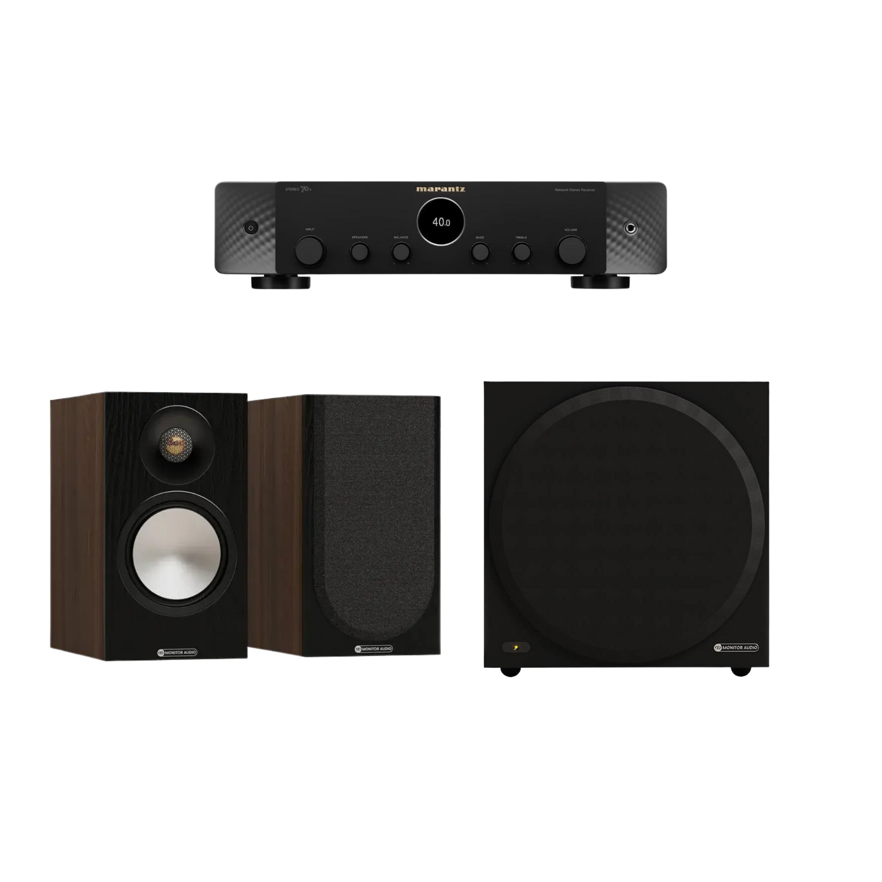 Monitor Audio & Marantz Evde Stadyum Deneyimi Paketi - Cinco | Hi-Fi Raf Tipi Hoparlör Sistemi Walnut